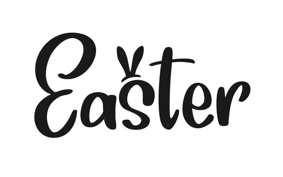 Handwritten Easter Word with Bunny Rabbit Ears Lettering. Spring Holiday Poster Bold Hand Drawn Calligraphy Script. Clean Typography for Seasonal Decor. Creative Easter Lettering. Vector Illustration