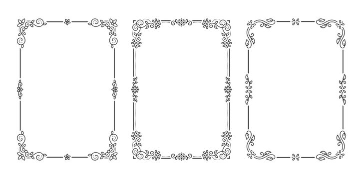 Vintage Line Art Luxury Ornamental Border Frame Set Curls Corner Floral Ornament. Elegant Decorative Ornate Rectangular Vertical Frames for Certificate, Wedding, Invitation Card. Vector Illustration