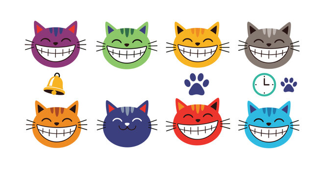 Vibrant collection of eight colorful smiling cat faces reminiscent of the Cheshire Cat, along with icons of a bell, clock, and paw prints on a white background.