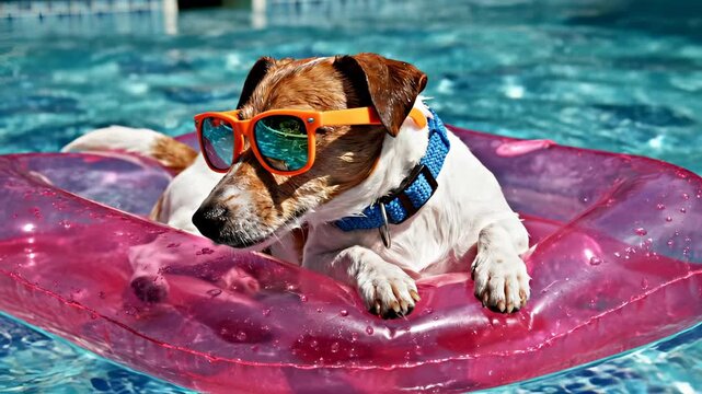 Dog wearing sunglasses relaxes on pink float in pool. Cute pet floats on inflatable in swimming pool. Summer dog with sunglasses on pool float. Pet enjoys vacation floating in blue water pool.