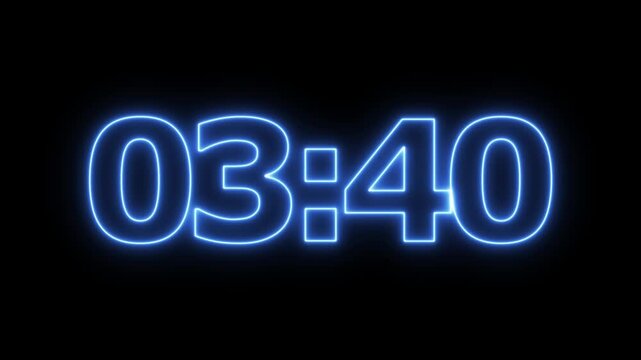 neon 4 minute countdown animation from 240 seconds to 0 seconds on a transparent background, Neon four minute countdown timer with alpha channel