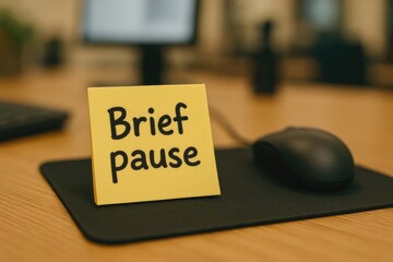 A yellow sticky note with the text 'Brief pause' rests on a black mouse pad next to a computer mouse. The background features a blurred office environment.