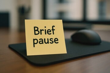 A yellow sticky note with the text 'Brief pause' placed on a black mouse pad next to a computer mouse. The background shows a blurred office environment.