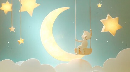 Whimsical Moon Swing: Child Amongst Stars & Clouds