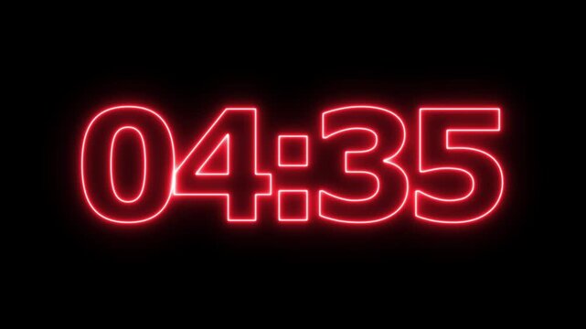 neon 5 minute countdown animation from 300 seconds to 0 seconds on a transparent background, Neon five minute countdown timer with alpha channel