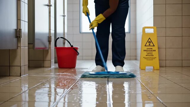 Janitor mops wet bathroom floor with cleaning equipment. Worker cleans tile floor using mop and bucket. Professional janitor service with caution sign. Cleaner mops bathroom tile surfaces.