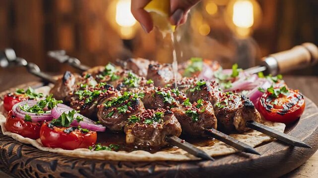 Grilled skewered meat dish with vegetables on wooden platter
