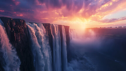 Majestic waterfall cascading over rocky cliffs at sunset with vibrant pink and orange clouds image