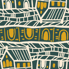 Seamless pattern with  town  houses. Vector illustration.