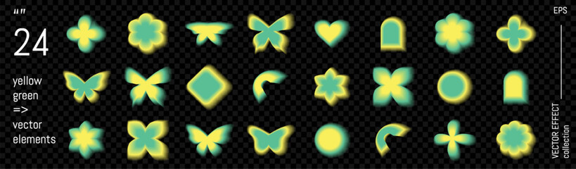 Y2k gradient aura with flower and heart blur shape. Green and yellow abstract aesthetic element. Blurry neon glow with soft mesh transparent effect. Cute retro vector trendy and groovy design