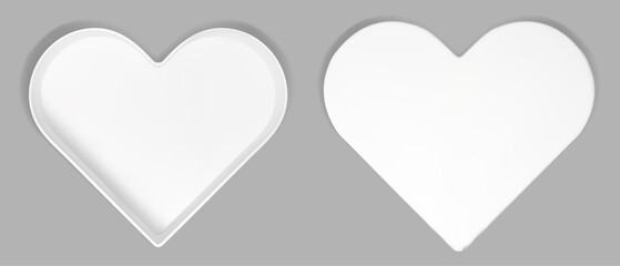 Open white heart box shown from top view with realistic shadow inside. 3d cardboard birthday gift mockup with empty interior and paper cover perspective. Vector valentine package above isolated