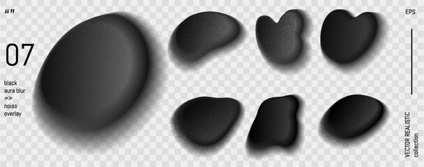 Aura gradient abstract black shape. Blurry blob set with watercolor noise texture. Fluid grey y2k element with soft monochrome ombre and grainy overlay. Liquid dark bubble with goth palette png spot