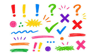 Collection of colorful hand-drawn punctuation marks and symbols on a white background