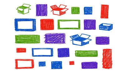Hand-drawn colorful boxes and frames in a playful crayon art style