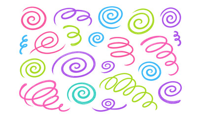 Collection of colorful hand-drawn swirl and spiral doodles on a white background