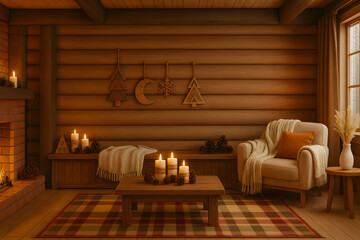 cozy rustic log cabin interior with fireplace armchair plaid rug and warm candlelight creating inviting winter retreat atmosphere