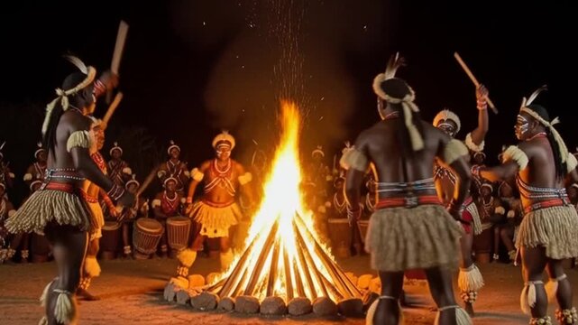 Cultural Celebration - Traditional African Dance Around a Bonfire at Night.