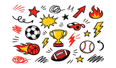 Collection of hand-drawn sports icons and symbols on a white background