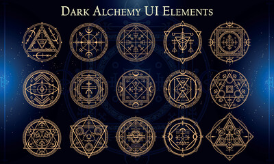 Set of Dark Fantasy Elements for user interface, poster, video. Alchemy magic HUD. Template for rpg game interface. Vector Illustration EPS10 © Oniks Astarit
