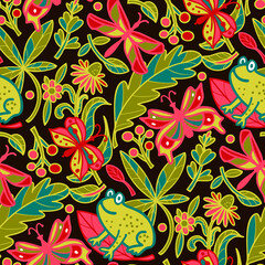 Seamless pattern with frogs, insects and flowers. Vector illustration.