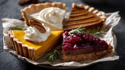 A stunning display of assorted fall pie slices rests on parchment paper, inviting observers to savor seasonal delights. Each slice showcases unique textures and rich colors, embodying autumn