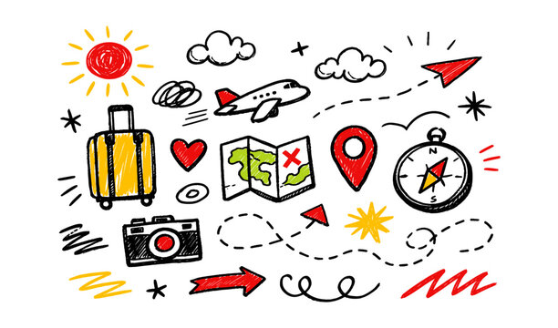 Doodle style travel icons including suitcase, airplane, map, and compass