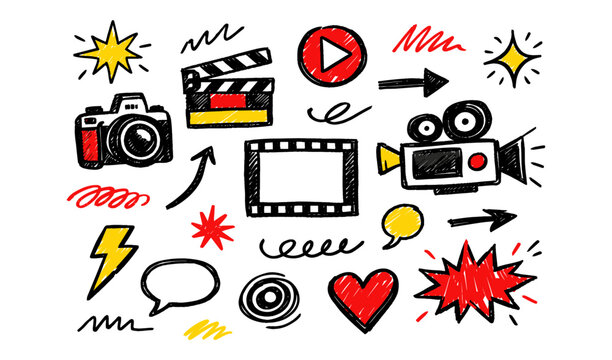 Doodle icons for filmmaking and photography with stars, hearts, and speech bubbles