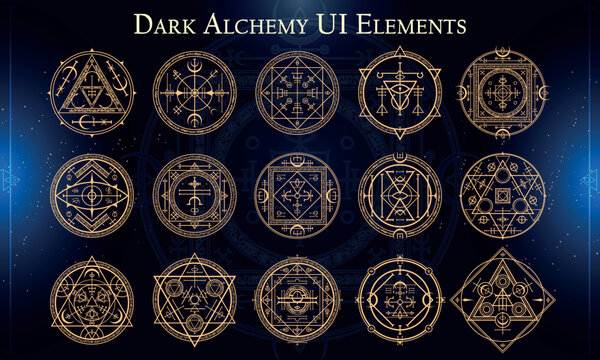 Set of Dark Fantasy Elements for user interface, poster, video. Alchemy magic HUD. Template for rpg game interface. Vector Illustration EPS10