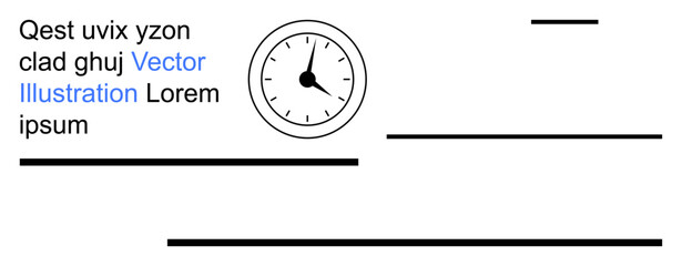 Time management, education, workplace design, templates, scheduling, creative layouts. A clock with hour markings, black lines and editable placeholder text. Time management and workplace design