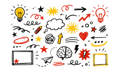 Collection of hand-drawn doodle elements representing ideas, creativity, and emotions