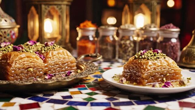 Delicious Baklava Pastries with Pistachios and Rose Petals on a Mosaic Table.