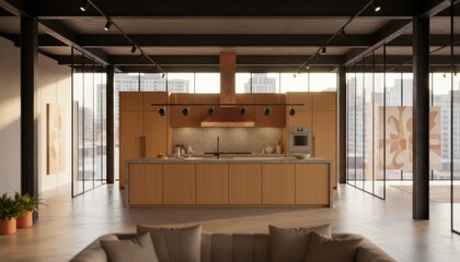 Modern open kitchen with a central wood island, integrated appliances and concrete floor in a loft setting. Natural light fills the space and there is available space for text on the walls and windowe