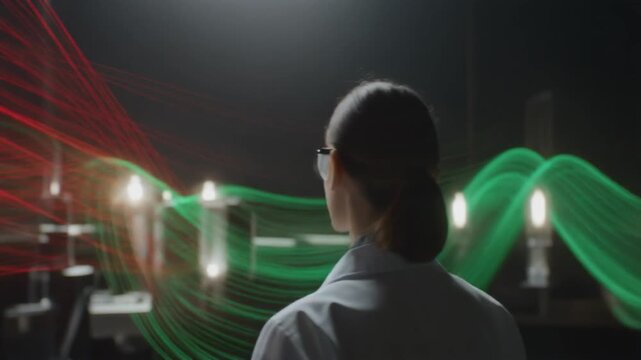 Scientist observing complex red laser light patterns in a dark laboratory setting.