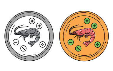 Fototapeta premium Two circular illustrations depict a shrimp within a plate one colored and one monochrome high-quality