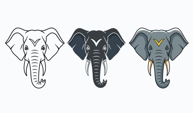 Three distinct elephant head illustrations showcase varying styles of artistic representation and detail high-quality professional