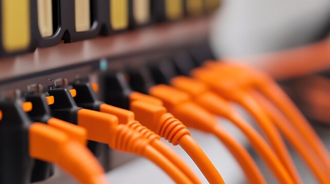Network cables plugged into a server rack. The cables are orange, creating a vibrant contrast against the black server ports. Focus is on the interconnectedness of the system.
