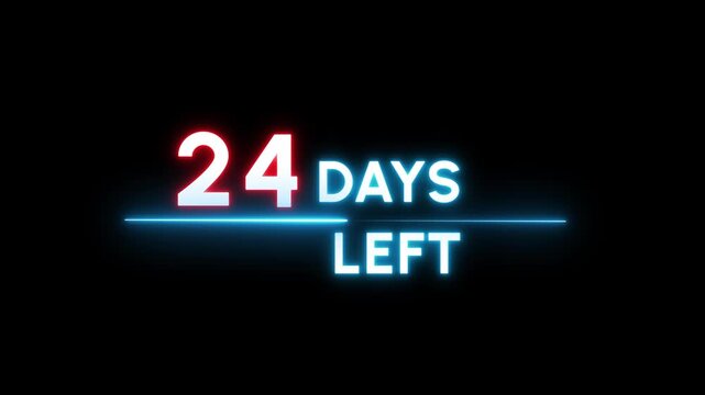 24 Days countdown number animation. Neon counter day text number.  Neon counting days on black background.