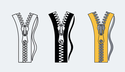 Three zipper illustrations in different colors and styles black yellow and white high-quality professional detailed