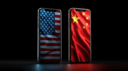 USA and China flags displayed on smartphones, symbolizing digital trade and geopolitical relations