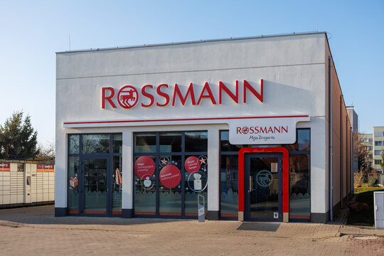Zarow, Poland &ndash; December 26, 2025: Exterior view of a Rossmann drugstore building with visible entrance and storefront signage