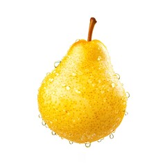 A fresh ripe pear covered with sparkling water droplets, showcasing its golden-yellow skin, natural speckled texture, and juicy freshness.