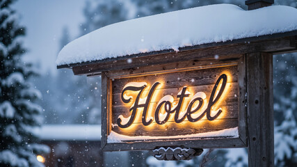 Wooden hotel sign illuminated in snowfall during winter season  