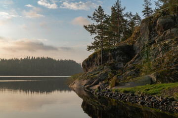 Ladoga Skerries National Park near the village of Lumivaara on an early foggy autumn morning, Republic of Karelia, Russia