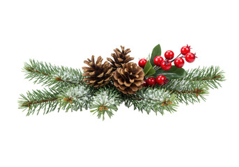 Deep green evergreen spruce branch, fresh snow, brown pine cones, red berries. Isolated on transparent studio background, soft light, close-up, elegant winter holiday concept