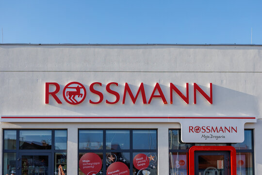 Zarow, Poland &ndash; December 26, 2025: Close-up view of Rossmann logo mounted on the facade above the store entrance.