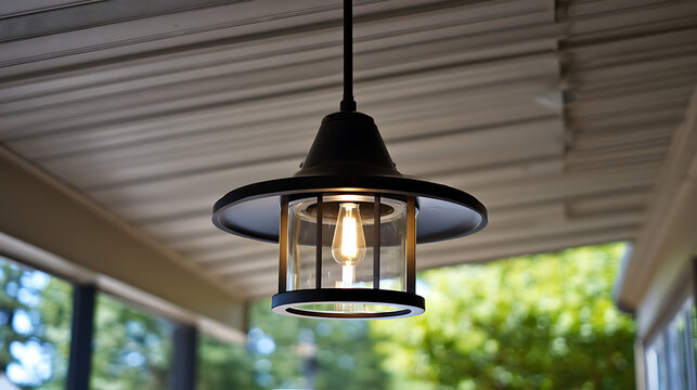 Elegant outdoor pendant light fixture with a clear glass shade and a black finish, illuminating the exterior space with its warm, inviting glow.