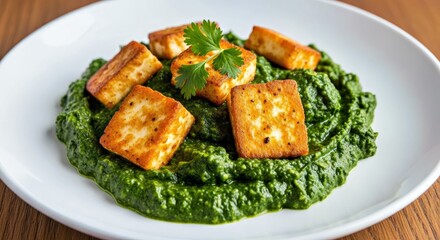 Inviting Eye-Level Shot of Authentic Palak Paneer With Warm Ambient Lighting