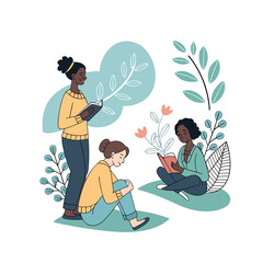 Mental health awareness illustration. Calm colors. People feeling relaxed and safe