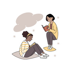 Mental health awareness illustration. Calm colors. People feeling relaxed and safe