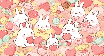 Obraz premium Adorable Kawaii Bunnies Cuddling Hearts in a Pastel Candy Wonderland.